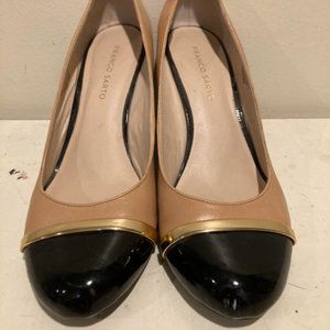 Franco Sarto Womens 10M Beige Black Leather Pumps Shoes Wedge Pointed Toe
